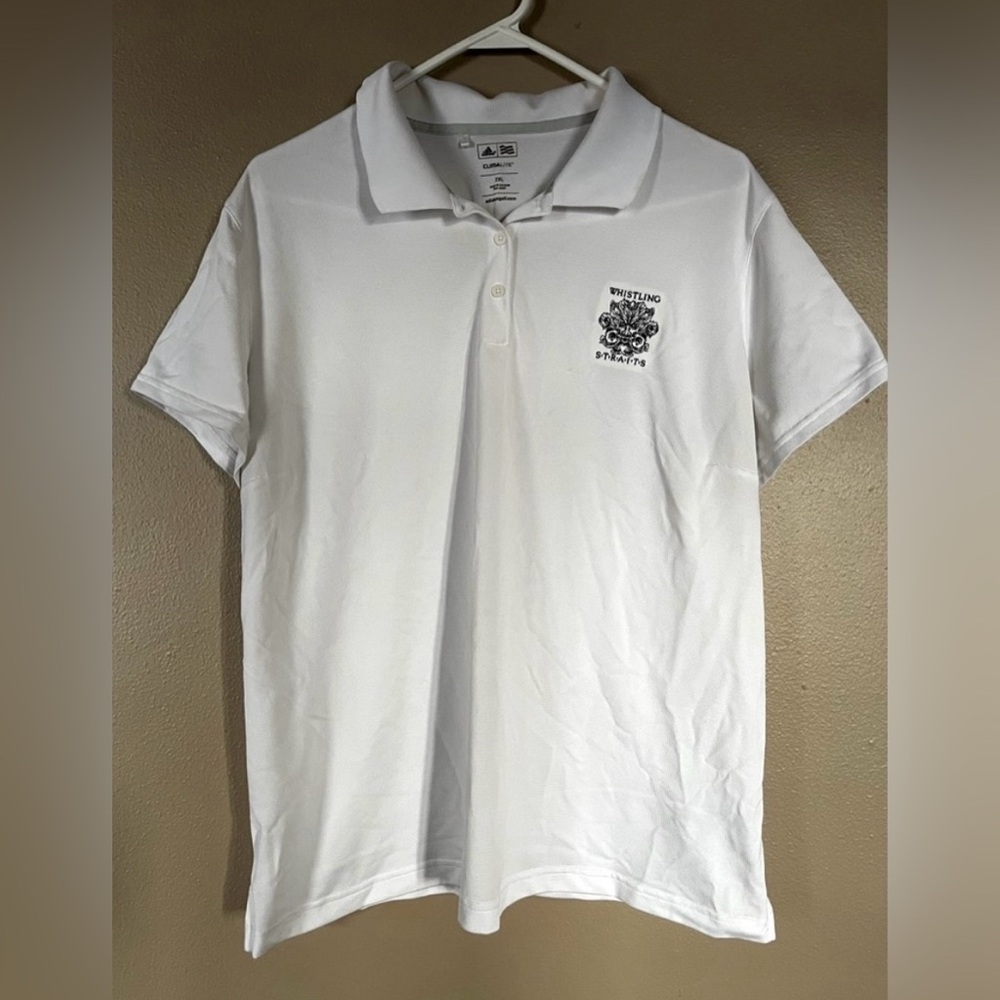 Adidas white Golf Polo with Whistling Straits logo. Women’s size 2XL